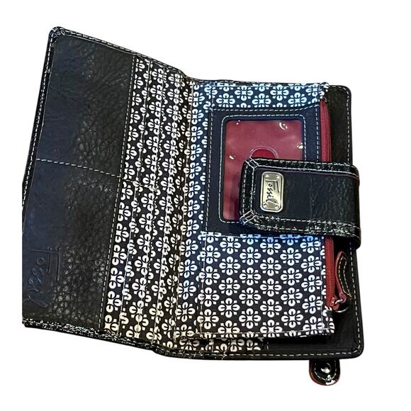 Fossil Wallet Black & Red Leather Bifold Snap Flap Checkbook Slot Credit Cards - Picture 5 of 7